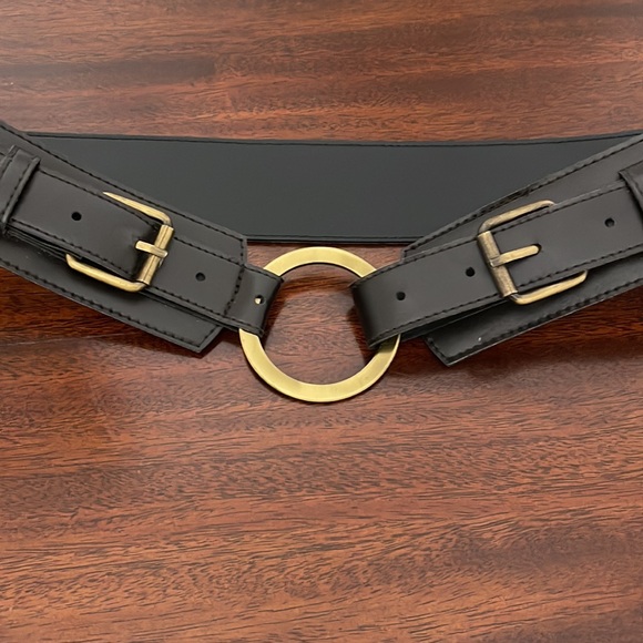 Double brass buckle  faux brown leather Fashion belt 36” - Picture 3 of 5